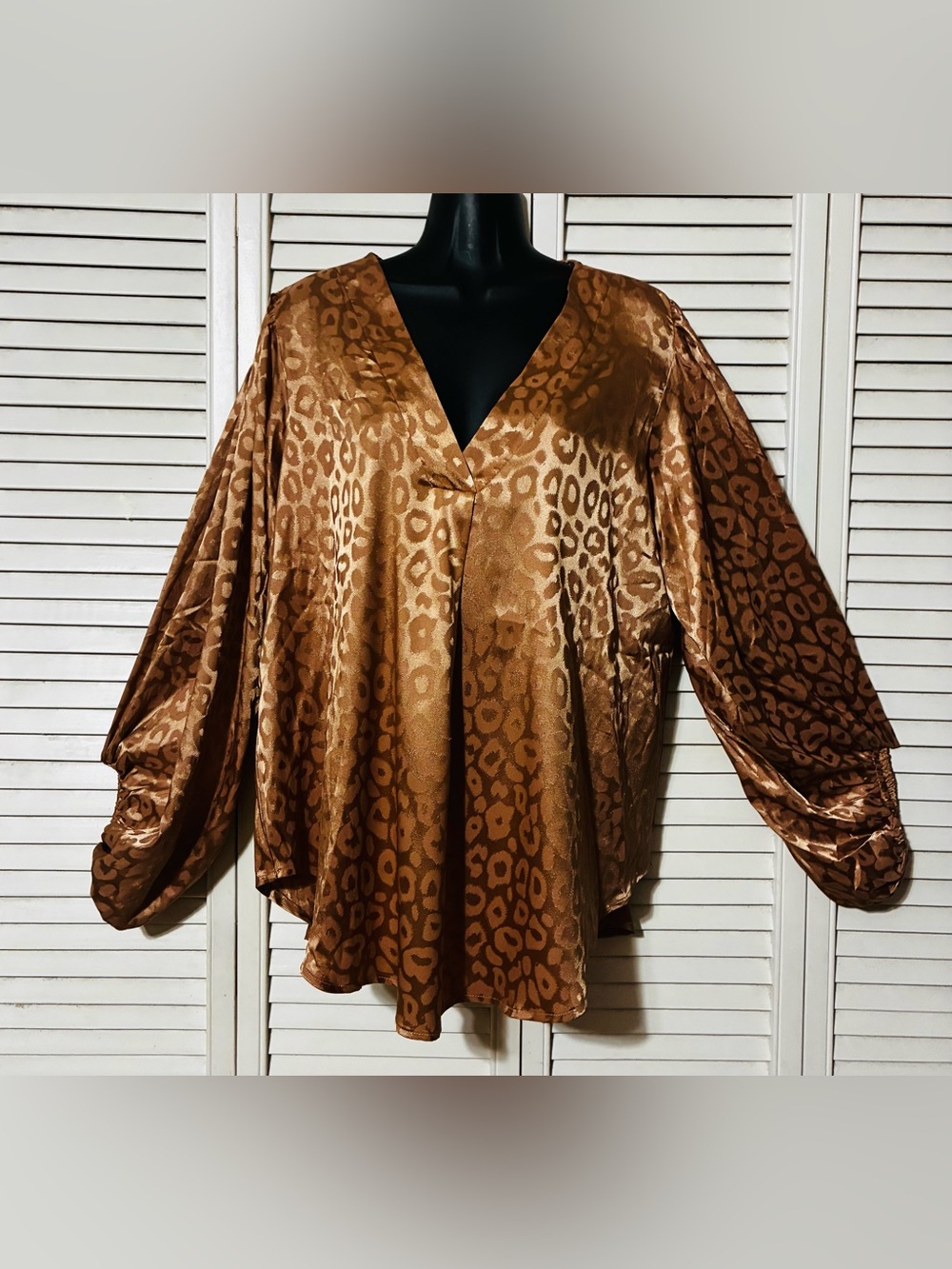 JODIFL Brown Satin Leopard-Print V-Neck Blouse